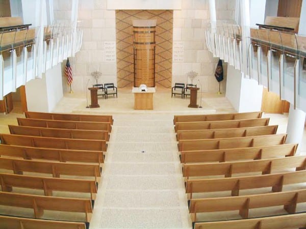 arial view of church with maple curved pews