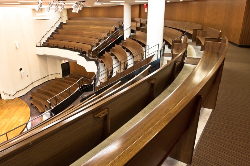 side view of curved pew rows