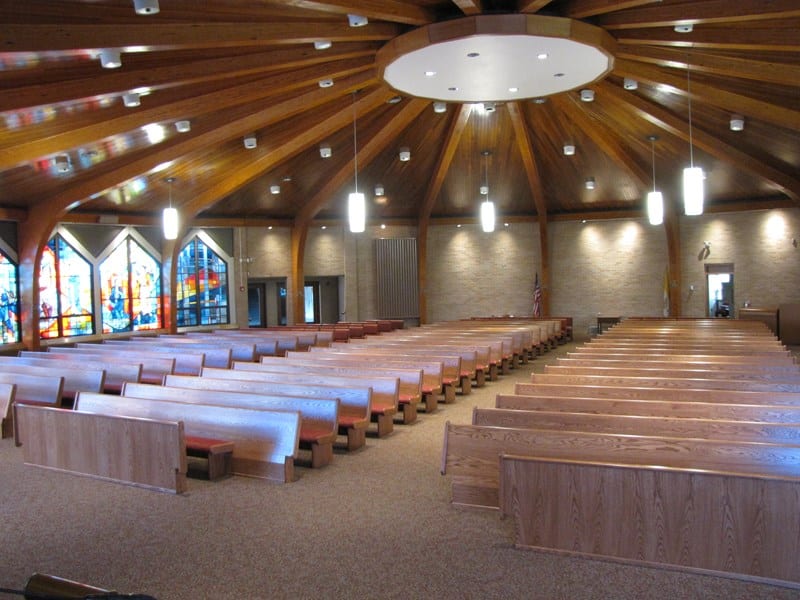 Open Ended Red Oak Pews and Wood Chairs