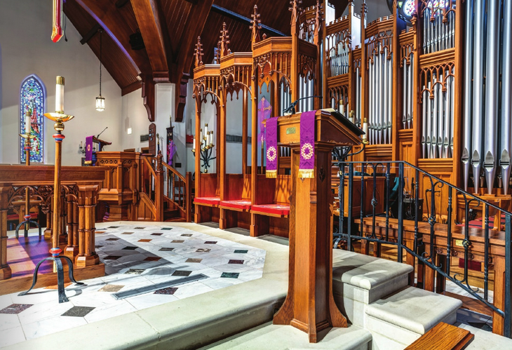 custom neo-gothic furnishings in front of church interior