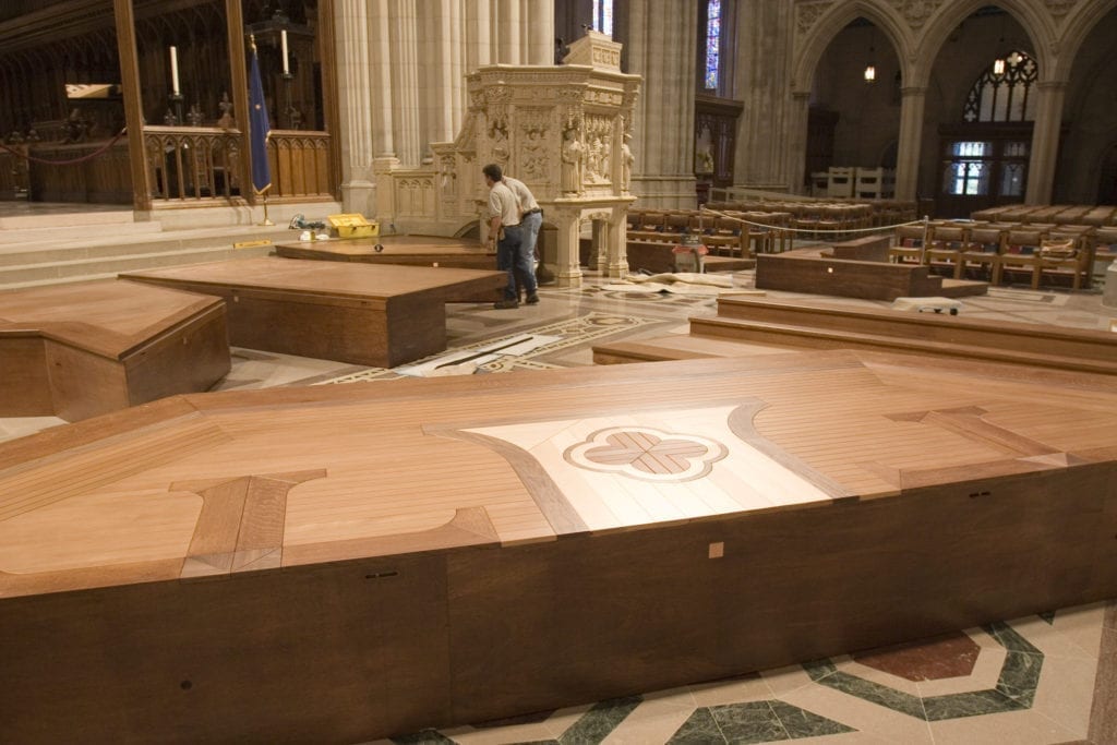 Installation of new wook platform in the crossing at Washington National Cathedral
