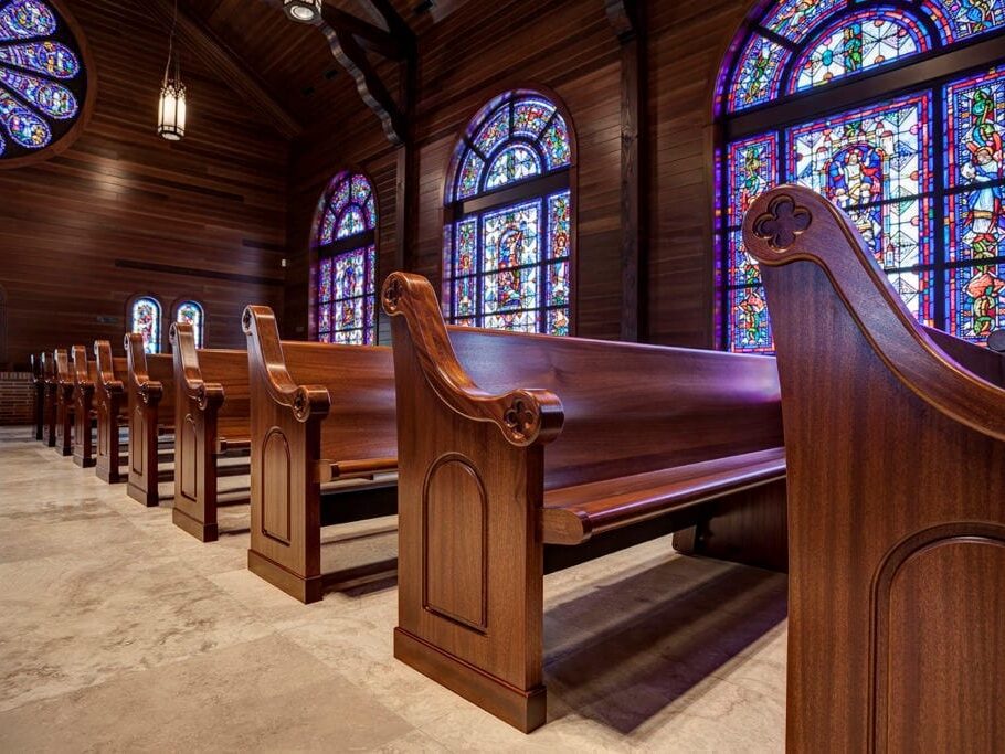 Recently disinfected, clean church pews awaiting a congregation’s arrival
