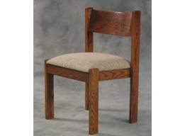 A medium-wood tone chair with a beige seat.